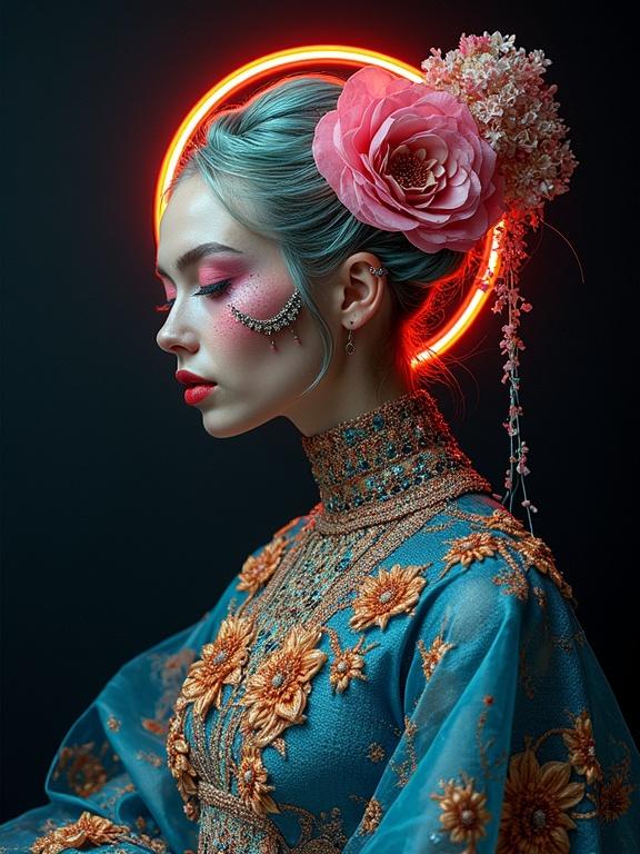 Surrealist portrait of a detailed figure with a neon halo and floral headpiece. The subject is wearing a turquoise outfit adorned with gold embroidery. The design combines elements of molecular and exploded assembly techniques with traditional needlework. The artwork reflects the artistic influence of Eiko Ishioka.