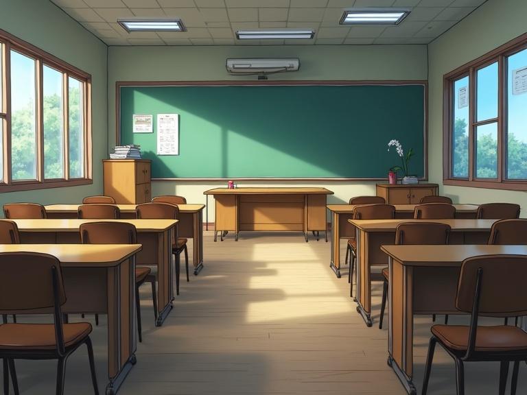 Empty classroom in a Japanese school. Visual novel style. Desks and chairs arranged orderly. Teacher's desk at the front. Bright windows with greenery outside.