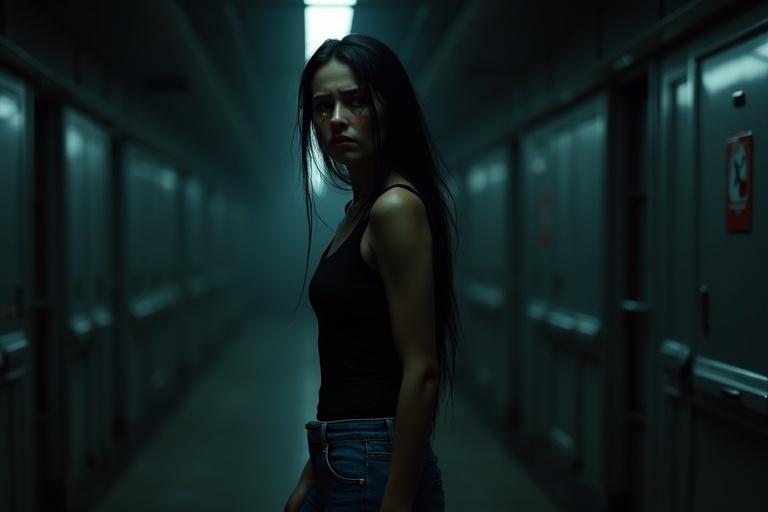 Cinematic close-up scene inside dark interior of spacecraft. Shadowy and abandoned space with faint ambient reflections. Tall white-skinned woman with long black hair stands back to camera. She wears black sleeveless shirt and tight blue jeans. Tense posture, frozen in fear. Close mid-back angle framing torso and emotional face. Terrified expression with glowing skin from hidden light source. Eerie silence, heavy psychological tension.