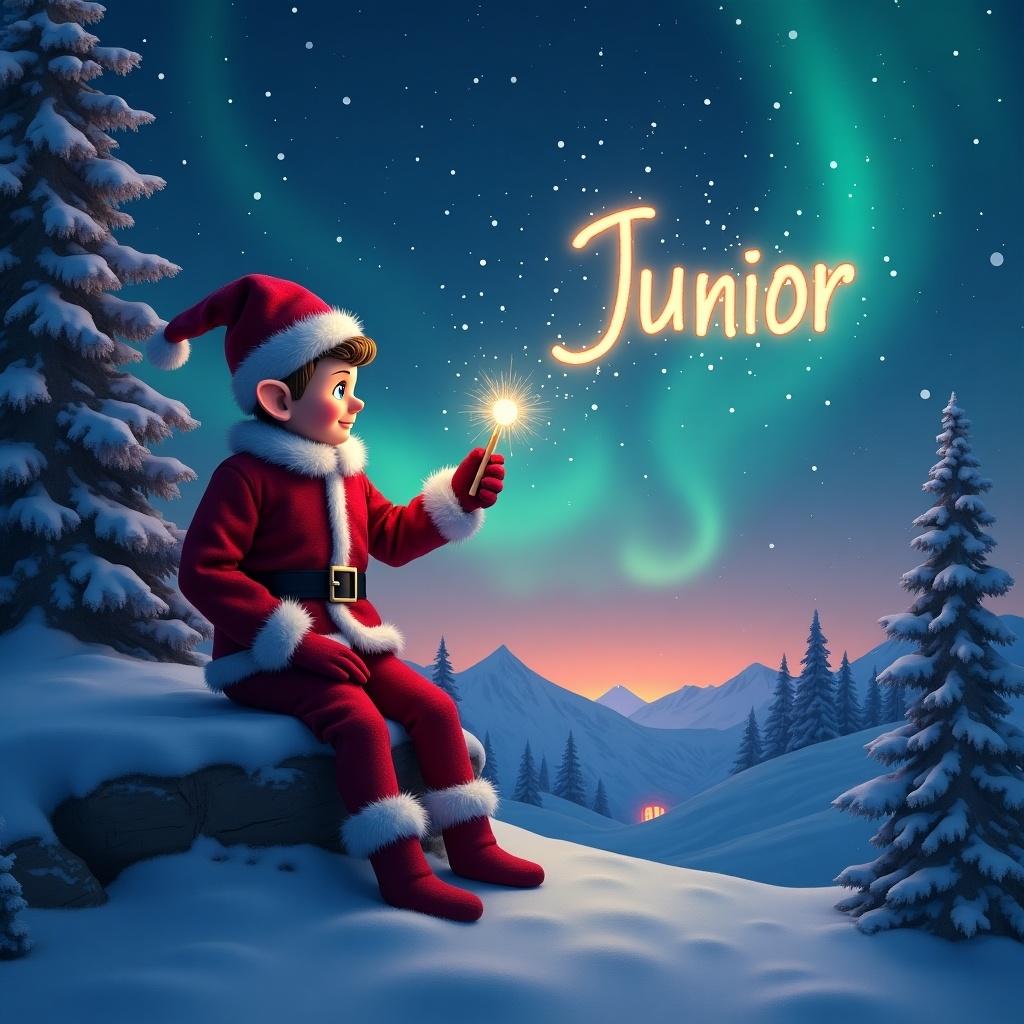 A traditional red elf on the shelf sits in the snowy mountains of the North Pole. The elf is dressed in red with white fur trim. He holds a magic wand that writes the name 'Junior' in glowing letters against the starry night sky. The magical scene is accentuated by vibrant northern lights of red, cerulean, and purple illuminating the horizon. The elf looks delighted, surrounded by tall pine trees and a tranquil winter landscape.