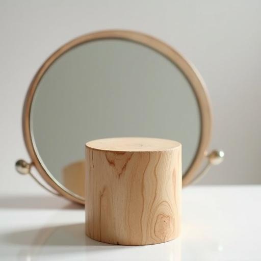 Cylindrical block of wood is placed in front of a round mirror. The mirror reflects the soft tones of the room. Focus on the smooth texture of the wood. Neutral background complements the scene.