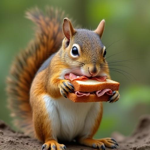 Squirrel eating a bacon sandwich. Squirrel holds sandwich in paws. Background is blurred greenery.