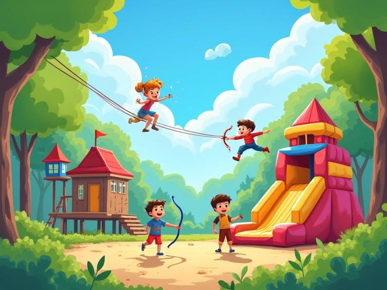 Cheerful kids having fun in a park. Large inflatable palace is present. Tall green trees surround the area. Bright blue sky with fluffy white clouds. Playground equipped with a colorful inflatable slide. Kids actively involved in paintball near tires. Some kids practicing archery. Two children are playing in a sandbox. A treehouse with ladder and zipline is also visible. One girl is riding the zipline.