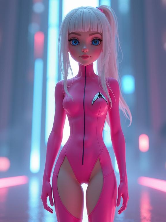 A hyperrealistic character from PIXAR. The character has long white hair and striking blue eyes. She wears a futuristic pink fluo one-piece high cut swimsuit with a high collar and long sleeves. The iconic Star Trek emblem is on her attire. The image features a low-angle perspective with dramatic lighting within a sci-fi background that resembles a teleporter effect. A complete body shot view is presented, focusing on the character's figure and outfit.