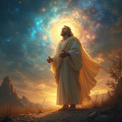 A spiritual figure with outstretched arms appears before a cosmic backdrop. The cosmos radiates light and energy, symbolizing the connection between humanity and the universe. The figure embodies peace and divine guidance.