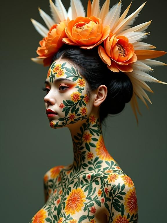 Porcelain-skinned woman with body art of dark green leaves and orange and yellow flowers. Crown of orange peonies and feathers adorns her head. Side view captures details of face and body patterns.