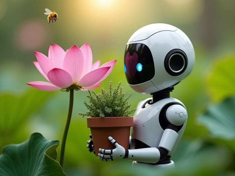 A robot stands holding a plant pot with a blooming lotus flower. A bee buzzes by seeking nectar. The scene depicts nature and technology in harmony.