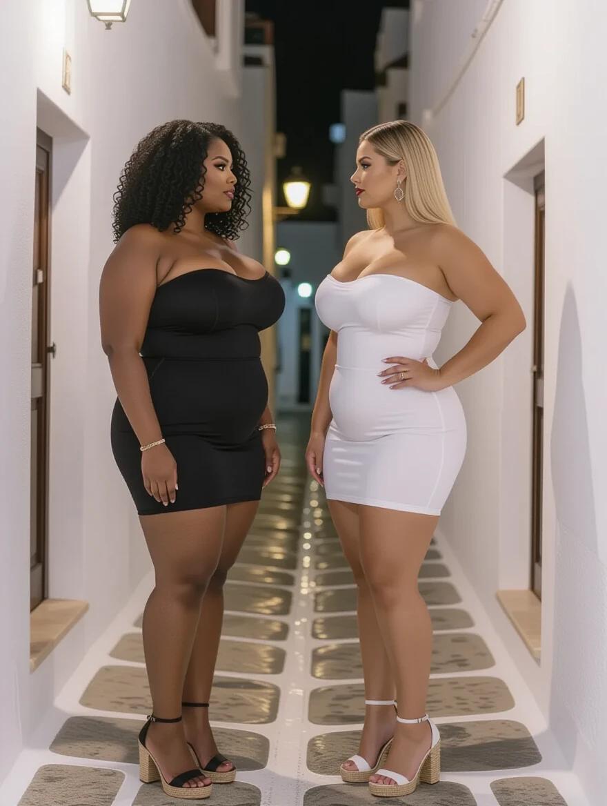 Two women stand face to face in a narrow street at night. One woman has black wavy hair and wears a black dress. The other has straight blonde hair and wears a white dress. Both women are wearing high-heeled espadrilles. The setting is a stylish Myconos alley with soft lighting.