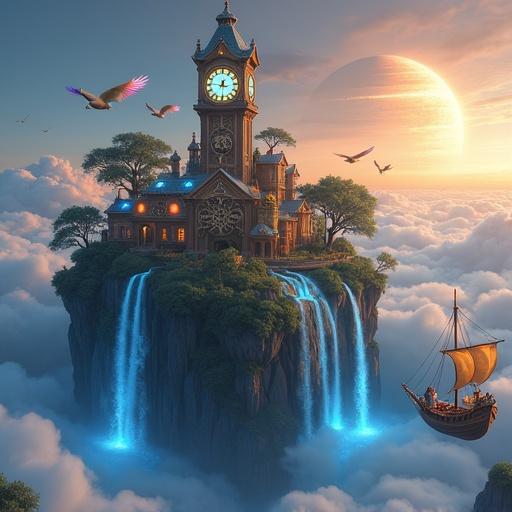 Aerial view of a fantastical city on an island. The island has several waterfalls flowing into fluffy clouds below. Colorful stained-glass domes scatter rainbow light. Bioluminescent trees with blue leaves grow among the buildings. In the center stands a tall clocktower with massive gears. Clock hands shaped like bird wings. Mechanical birds fly out every hour. Around the island, sky-whales float gracefully. In the background, a giant planet with glowing rings. Below, an approaching airship with wooden hull and golden sails. A captain with a telescope gazes at the tower.