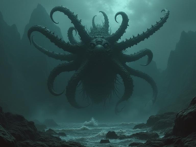 A massive octopus-like creature hovers over dark ocean waters. Surrounded by ominous mountains. The atmosphere is dark and foreboding. The scene evokes a sense of dread.