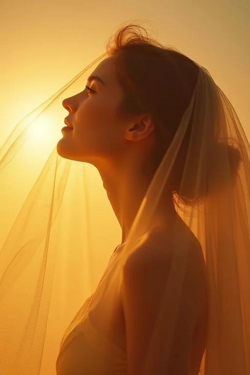 Close up of a woman at peace. Shoulder height and up. Covered by a veil of golden shimmering light.