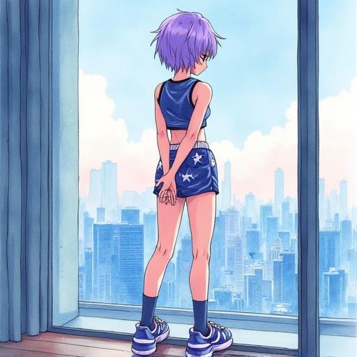 Watercolor painting of a young woman with short violet hair. She has a slim muscular body. Wears a short plastic top and sport shorts with anime print. High platform sneakers and knee socks are worn. Standing with legs crossed and arms behind back. Leaning on a wall-size window at the back showing a city view from a high floor. Style inspired by Yuumei.