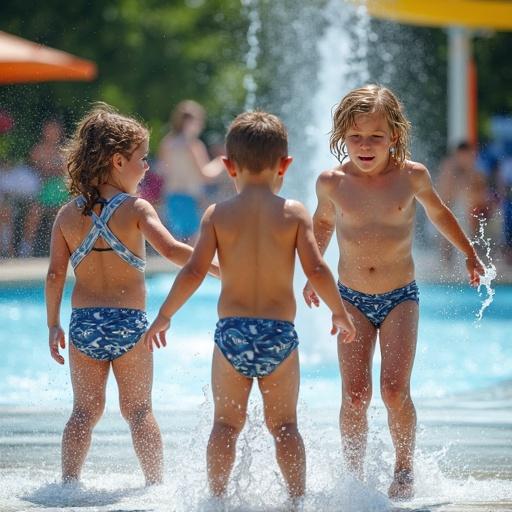Three young children are playing in the water at a public water park. They are splashing together on a hot summer day. The scene captures joy and fun.
