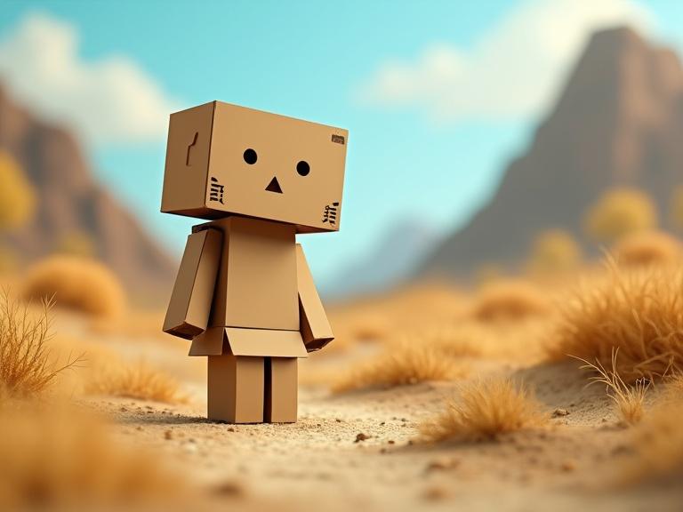 Cardboard figure stands in a cardboard desert landscape. Background shows mountains and light blue sky. Scene conveys creativity and playfulness.
