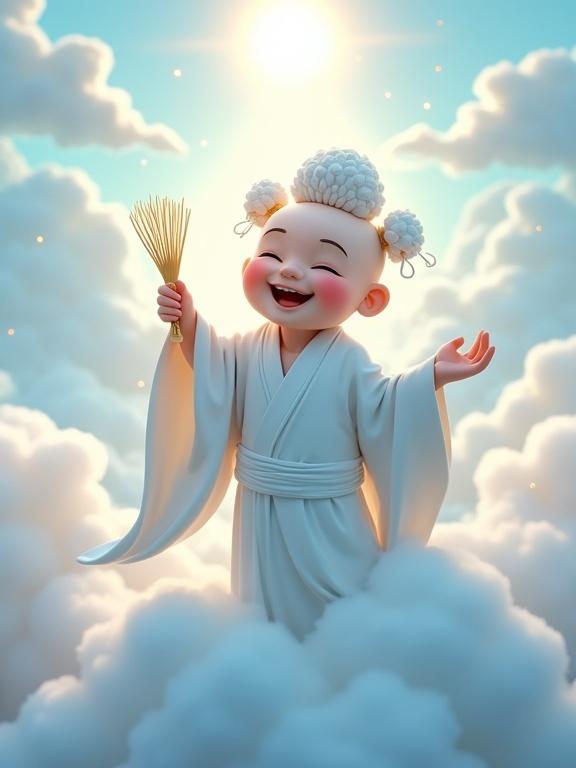 Maitreya depicted in white robes holding a whisk. Floating in bright clouds. Sunlight shines on a joyful face. Character has cloud-patterned hair. Eyes radiate love. Background shows islands and auspicious clouds with golden light. Style combines Disney-Pixar 3D and dynamic realism. Soft blurred background enhances Zen ambiance. Emphasizes cinematic composition and clean lines.