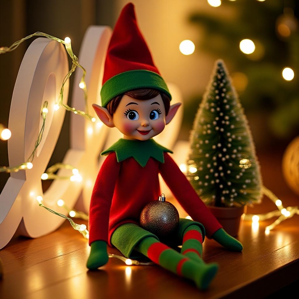 The image showcases a cheerful elf doll, commonly associated with Christmas, depicted in a cozy indoor setting. The elf is dressed in vibrant red and green attire, featuring a signature pointed hat and a playful smile. Surrounding the elf are twinkling fairy lights that spell out the name Ellie and also has a small Christmas tree, enhancing the festive ambiance. A decorative ornament rests in the elf's lap, adding to the holiday spirit. The warm lighting creates an inviting atmosphere, perfect for the season of joy and celebration.