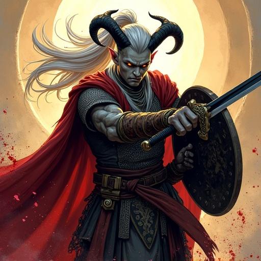 A tall male tiefling character in an action pose. Wielding a black longsword with ash-gray skin. Amber glowing eyes and long silver hair styled in a high ponytail. Features sleek black curved horns. Wearing chainmail and a flowing red cloak. A shield on his back with blood splashing around. Dynamic warm lighting in a comic book style.