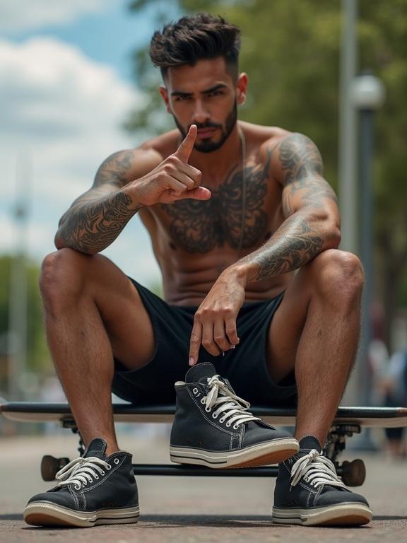 Full body photograph of a male skater. Man is about 23 years old. He has a sinewy build. Skin is sweaty and covered with tattoos. Sits on a bench. Legs are outstretched. Holds a large sneaker off a bare foot. Finger gestures for viewer to come closer.