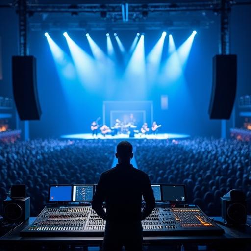 High-resolution wide-angle photo from elevated perspective in large live music venue. Veteran sound engineer adjusts mixing console with back to camera. Emphasizes scale of venue and audience. Venue illuminated in blue light with stage featuring band performing. 10,000 people in audience, packed and visible. Speakers suspended above stage.
