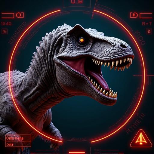 Sci-fi HUD screen with warning symbols featuring a T-Rex dinosaur in a Terminator style. Bold alarm indications surrounding the dinosaur's image.