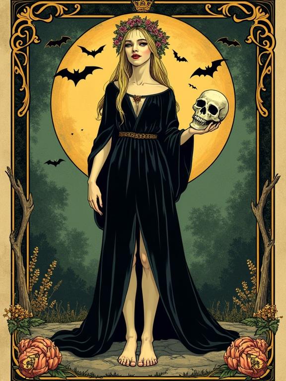 Art Nouveau tarot card featuring a horror theme. It shows a pale blond teen vampire with a wreath on her head. Dressed in a black dress and barefoot. Holding a skull in hand. Surrounded by bats and floral motifs.