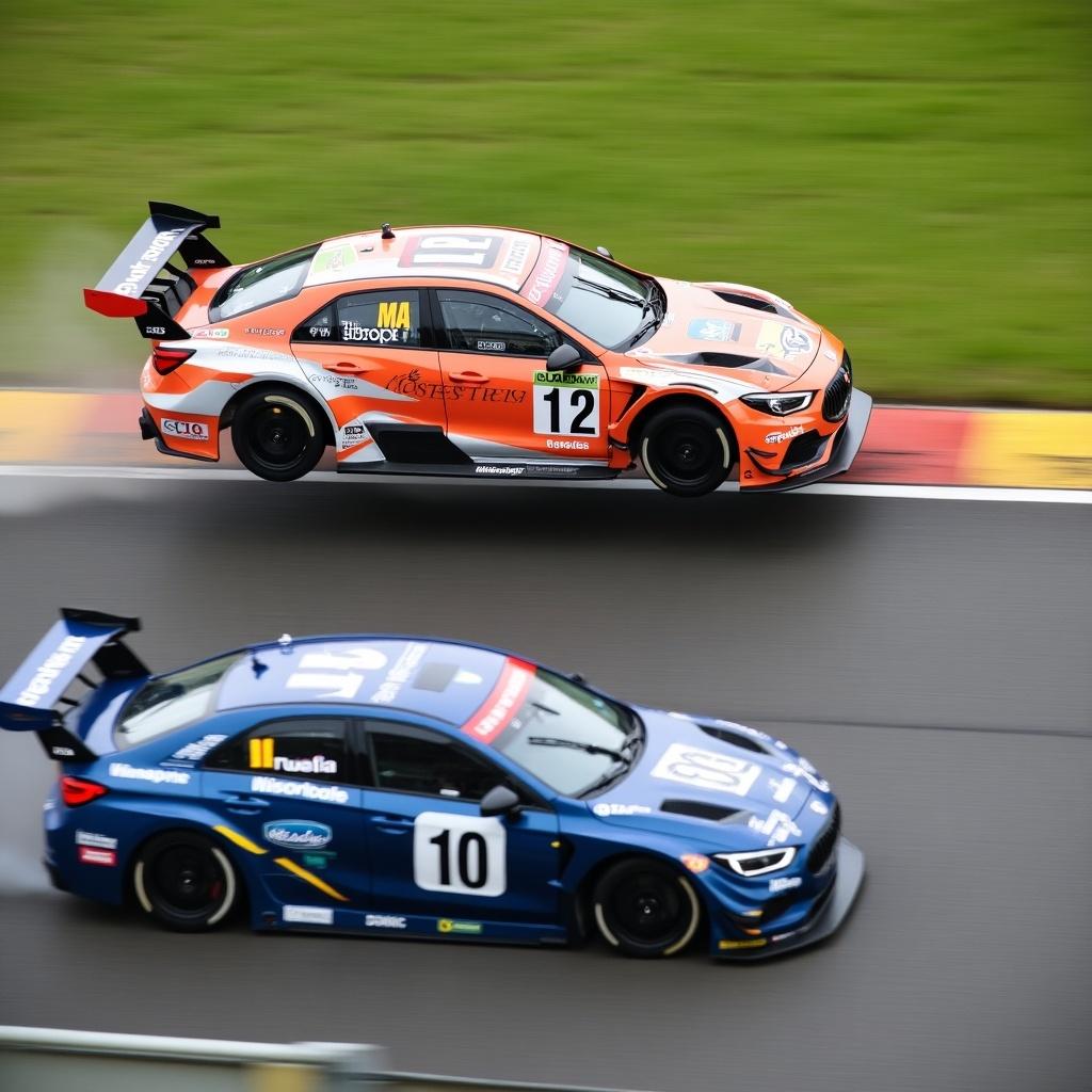 Two racing cars are captured in mid-action on a race track. Car number 12 is airborne while car number 10 races below. Green grass borders the track, showcasing vivid car colors. The scene captures excitement in competitive racing.