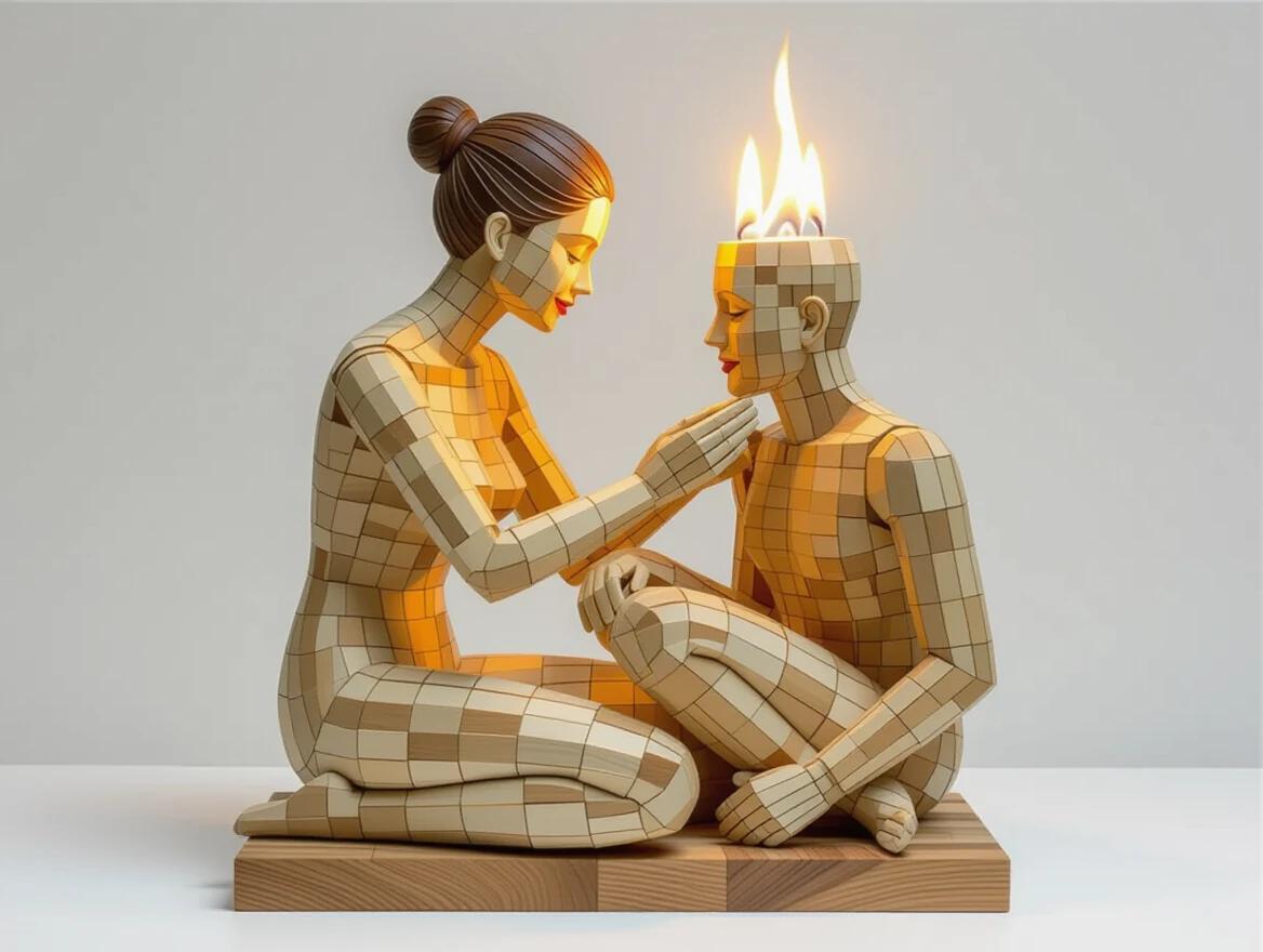 A whimsical nude woman sculpture made of interlocking wooden blocks interacts with a naked man sculpture also made of wood. The piece displays intricate wood grain and features warm soft lighting for a detailed composition.
