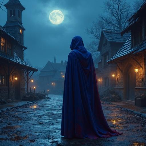 A mage in a blue robe stands in a dark fantasy town at night. A large moon illuminates the cobblestone street and gothic buildings. Atmosphere is mysterious and enchanting.