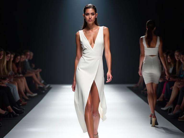 A high-fashion runway show featuring a model in a modern white dress. The dress has a deep V-neckline with an asymmetrical slit. The model walks confidently on the catwalk wearing high heels. She has a low ponytail hairstyle with bold eye makeup and subtle lip color. Another model appears further down the runway, with audience members seated. The scene is illuminated with focused lighting and a glamorous atmosphere. Eida's signature is visible on the podium.