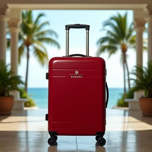 Red Rimowa suitcase in a tropical hotel lobby. Suitcase has white Rimowa logo. Ocean and palm trees visible in the background. Handle is extended.
