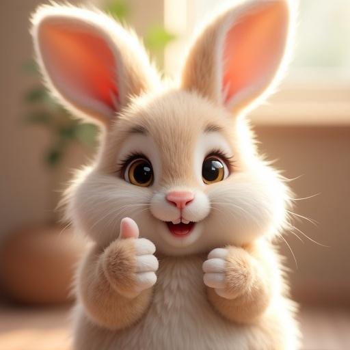 A cute fluffy bunny with detailed soft fur. It has bright eyes and a gentle smile. The bunny is showing a thumbs up with its paw. Background is softly blurred. The image evokes warmth and friendliness.
