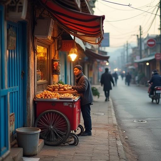 Image of a street vendor selling fruits from a cart in a township. Background features people walking along the street, businesses in the area, and natural scenery. The setting appears lively and inviting.
