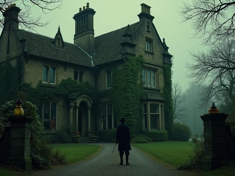 Vintage British manor house with ivy on stone walls captured in a mysterious atmosphere featuring a detective silhouette and a subtle poison bottle, designed in classic mystery novel cover style.