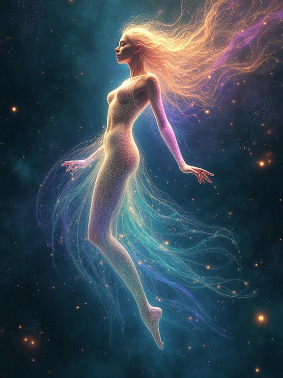 Digital illustration of a shimmering entity floating in digital space. Humanoid form with elongated limbs. Translucent body shifts between turquoise, violet, gold. Surrounding binary code and glowing data particles create patterns like nebulae. Dark void background with neon light and geometric shapes.