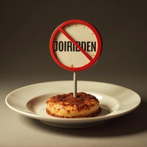 Dessert plate featuring a floating forbidden sign above a dessert. The sign is slightly translucent and brown. It sits on a white plate. The overall tone is minimalist and modern.
