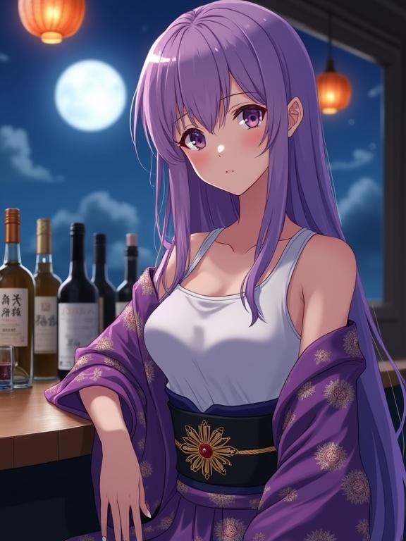 Anime style image of a lady sitting at a bar counter. Moon shines through a window. Liquor bottles are arranged in background. Lady wears white sleeveless top and purple kimono-style cardigan. She has long violet hair and a calm expression.