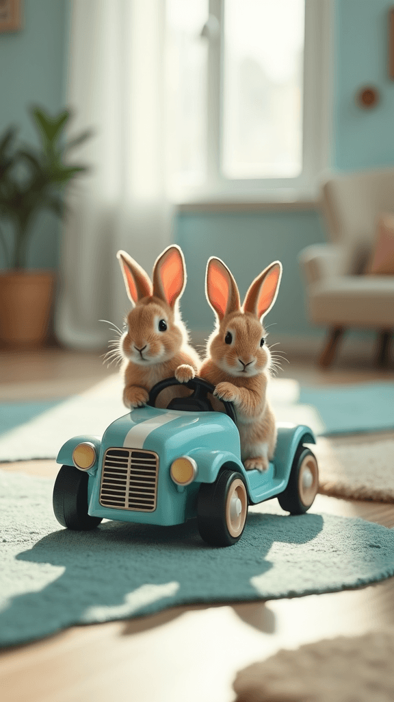 Two adorable rabbits sit in a small blue toy car, appearing to drive it across a cozy living room with soft lighting.