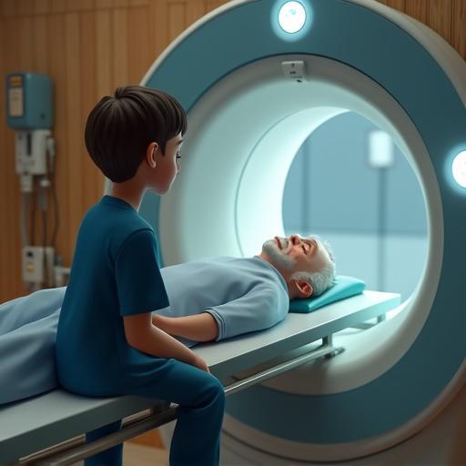 Doctor in blue scrubs looks through glass at patient on CT scanner in wooden room. Pixar animated style.