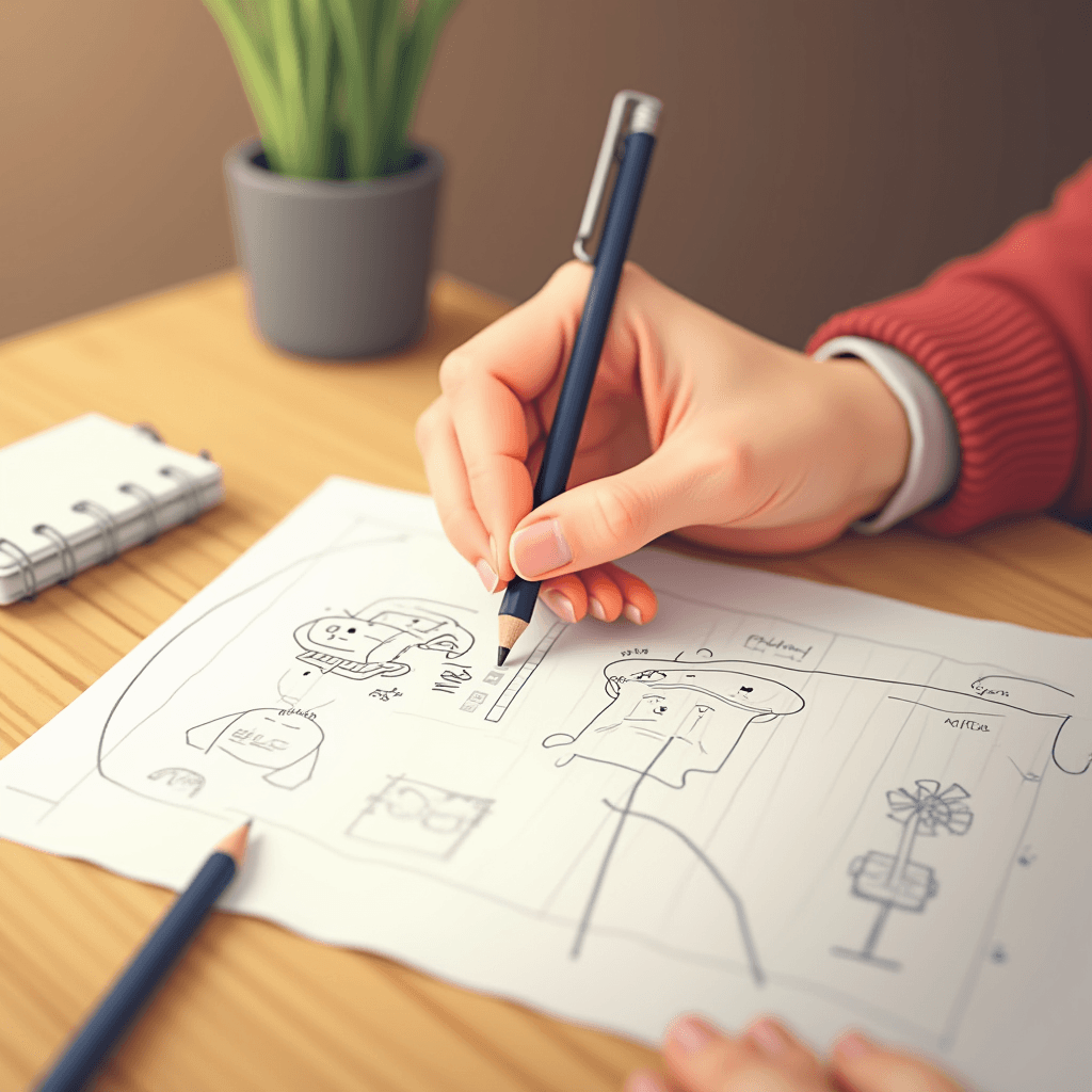 A person is drawing sketches on a piece of paper using a pencil on a wooden table.