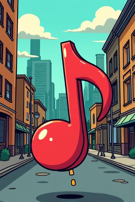 A large red music note is floating in a cartoon city street. The background features a colorful cartoon representation of Detroit's cityscape. The scene feels cheerful and artistic.