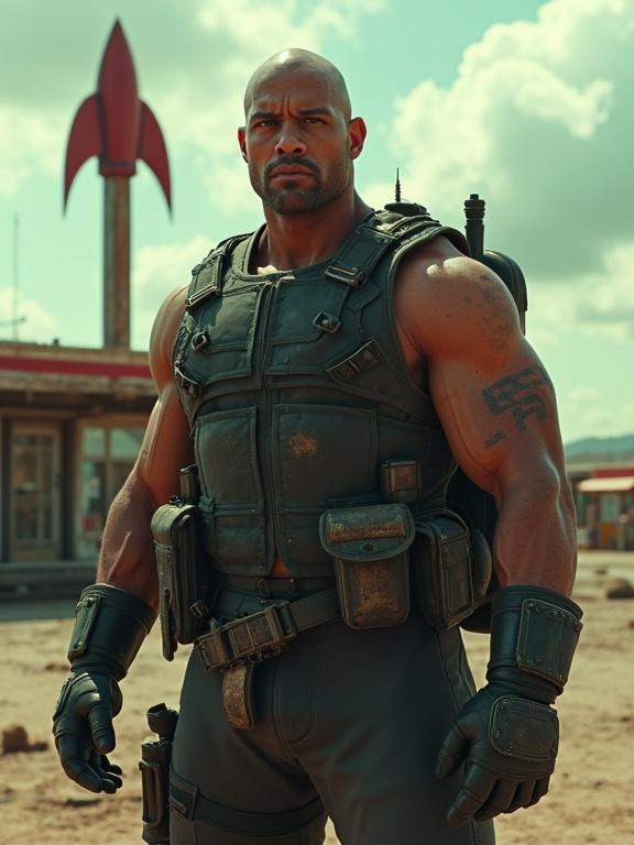 Professional render of a powerful man in combat gear. He has a muscular build. Skin is weathered and sun-scorched. Head is shaved. Wears black military fatigues and a combat armor vest. Equipped with sidearms and a baseball bat. Stands in a desolate wasteland. Background includes a crumbling retro gas station with a rocket sign. Visual style is cinematic realism with a dramatic mood.