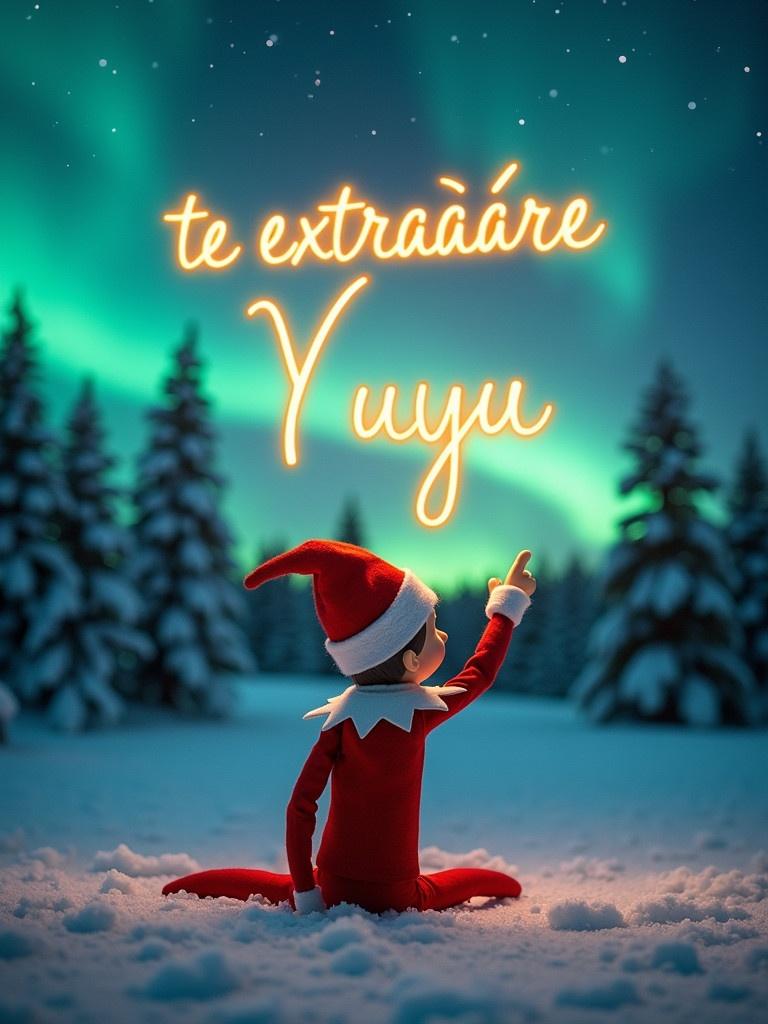 Elf on the shelf in red outfit and hat sits on snowy ground. Elf points to sky where 'te extrañaré Yuyu' glows in golden light. Vibrant northern lights illuminate snowy landscape and pine trees. Enchanting holiday atmosphere with festive spirit.