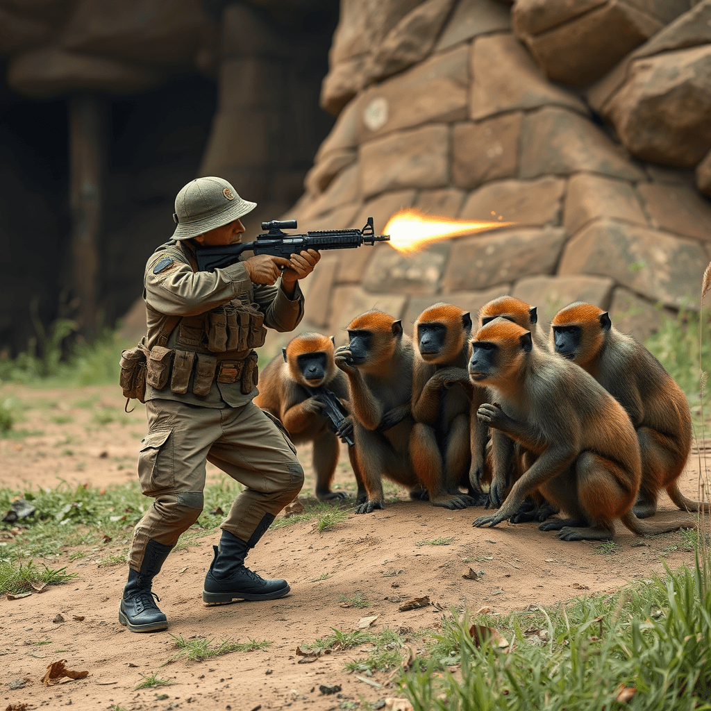 A soldier in uniform fires a rifle while a group of armed monkeys curiously watches nearby.