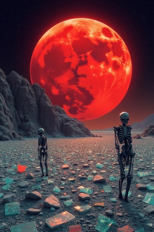 A red moon illuminates a desert landscape filled with glass shards and wandering skeletons. The scene is otherworldly and surreal.