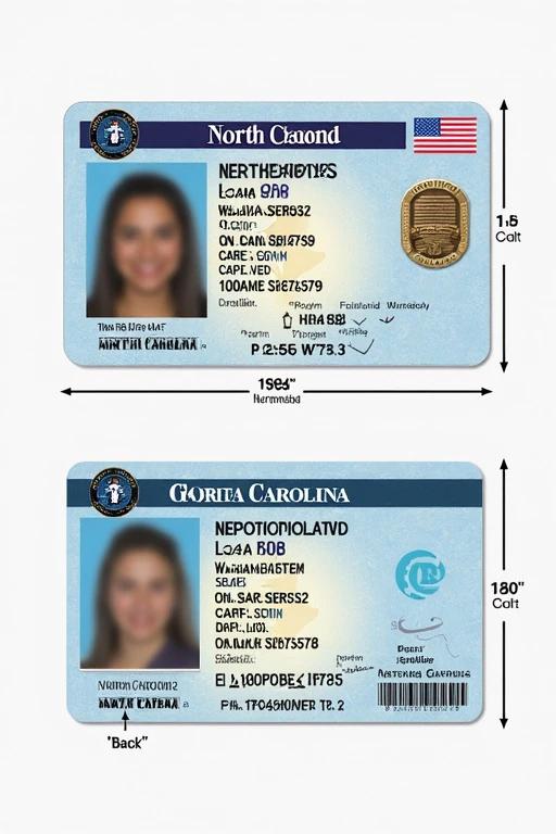 Design of a North Carolina identity card includes front and back views. Features state seal cardholder photo and personal details. Includes security elements such as hologram and microprinting. Card dimensions follow standard size guidelines with an accessible layout and clear structure.