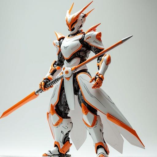 Realistic photo of an Android mechanical robot in a fighting pose. An elite warrior of the Silla Dynasty. Symbolizes cybernetic guardians of culture in the AI era. Striking visuals with a powerful presence. Represents a fusion of aesthetics and technology in a new cultural renaissance. White and orange colors with sharp textures. Represents evolution of Korean identity in a post-human future. Aligns with AI Punk vision redefining beauty and tradition.