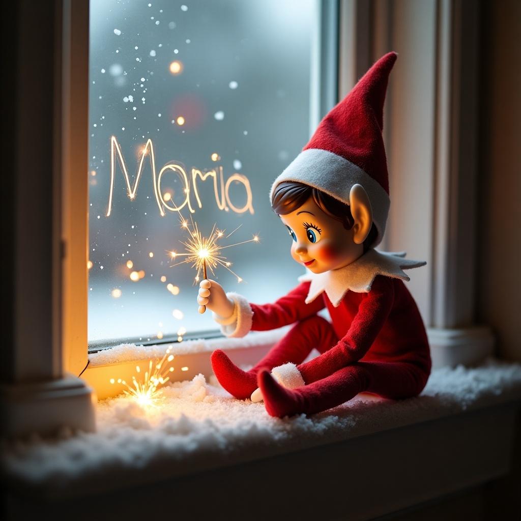 A cute elf on the shelf girl is sitting on a window ledge, creating a magical winter scene. She is writing the name 'Maria' in the air with a sparkler, illuminating the window with a warm glow. Outside, snow is gently falling, creating a serene and festive atmosphere. The elf is dressed in a classic red and white outfit, complementing the wintery scene. This charming image captures the essence of holiday joy and creativity, making it ideal for seasonal illustrations.