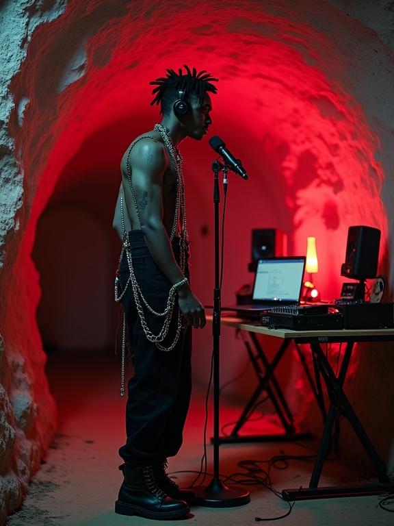 Playboi Carti recording in an underground Paris studio. The setting features rough stone walls with a dimly lit ambiance. He wears punk-inspired fashion with layered chains and headphones. A microphone and laptop are set up nearby with studio monitors. Cables are scattered on the floor. The lighting is moody, with faint red lights enhancing the atmosphere. The scene is raw and gritty.
