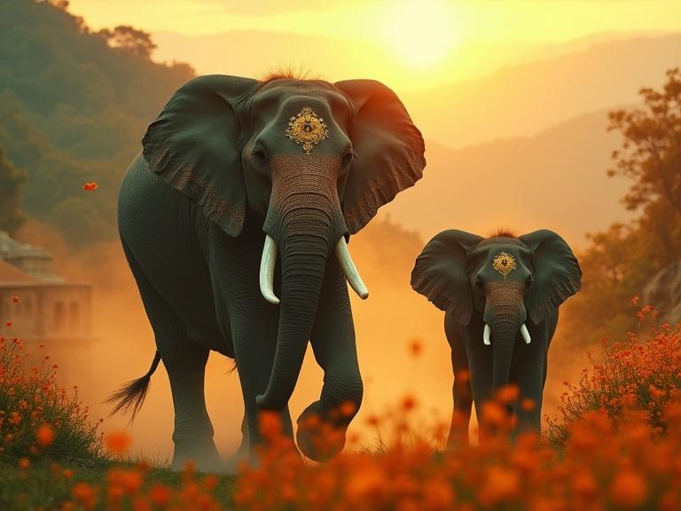 Epic cinematic still of Indian elephant parent and child in mystical landscapes during golden hour. Vibrant saffron, emerald green, and deep indigo colors. Soft glowing lighting with mist and marigold petals. Background features ancient temples or Himalayan foothills with fantasy elements. Emotional close-up of elephants with traditional ornaments. Widescreen composition with depth of field blur. Mood reflects hopeful melancholy with musical harmony.
