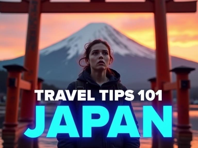 A stunning close-up of Mount Fuji in the background. Snow-capped peak glowing in orange and purple hues at sunset. A traditional Japanese torii gate in the foreground. Young traveler, wide-eyed and excited, in the center. Text overlay: 'TRAVEL TIPS 101' in white, black outline, and 'JAPAN' in electric blue at the bottom. High contrast, sharp details, cinematic vibe.